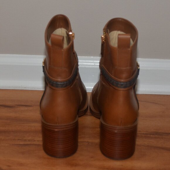 Michael Kors Womens 8.5 Brown Leather Mindy Block Heel Logo Zip Almond Boots - Picture 5 of 14
